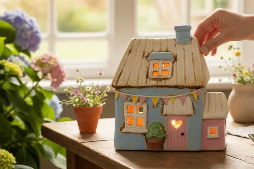 Ceramic House Tealight Holder - Garden Bunting Cottage from Fig and Rose.