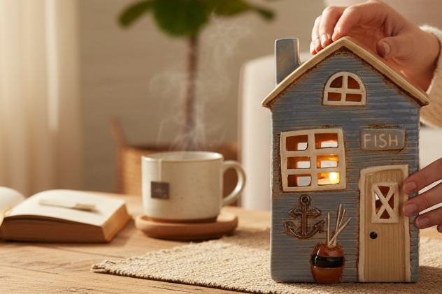 Ceramic House Tealight Holder - Pale Blue Beach House from Fig and Rose.