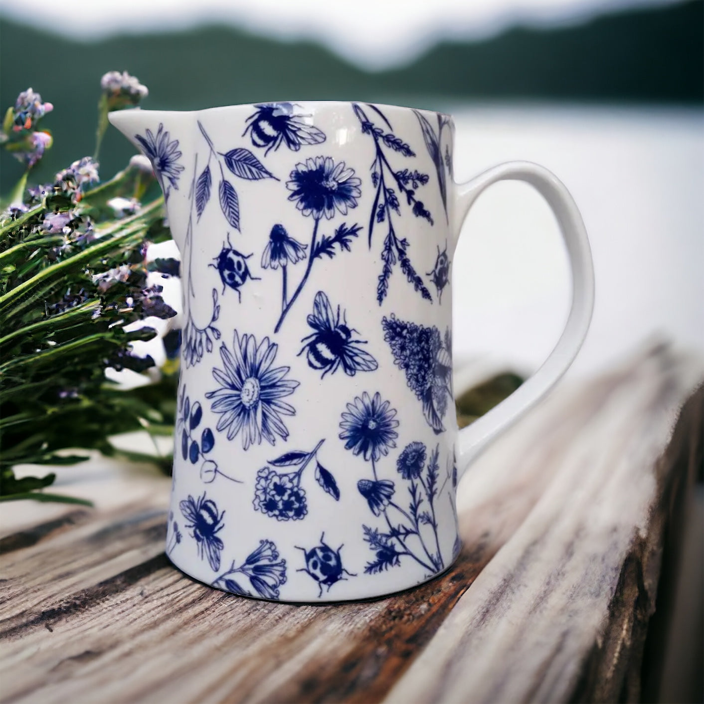 Bone China Blue and White Floral Jug from Fig and Rose