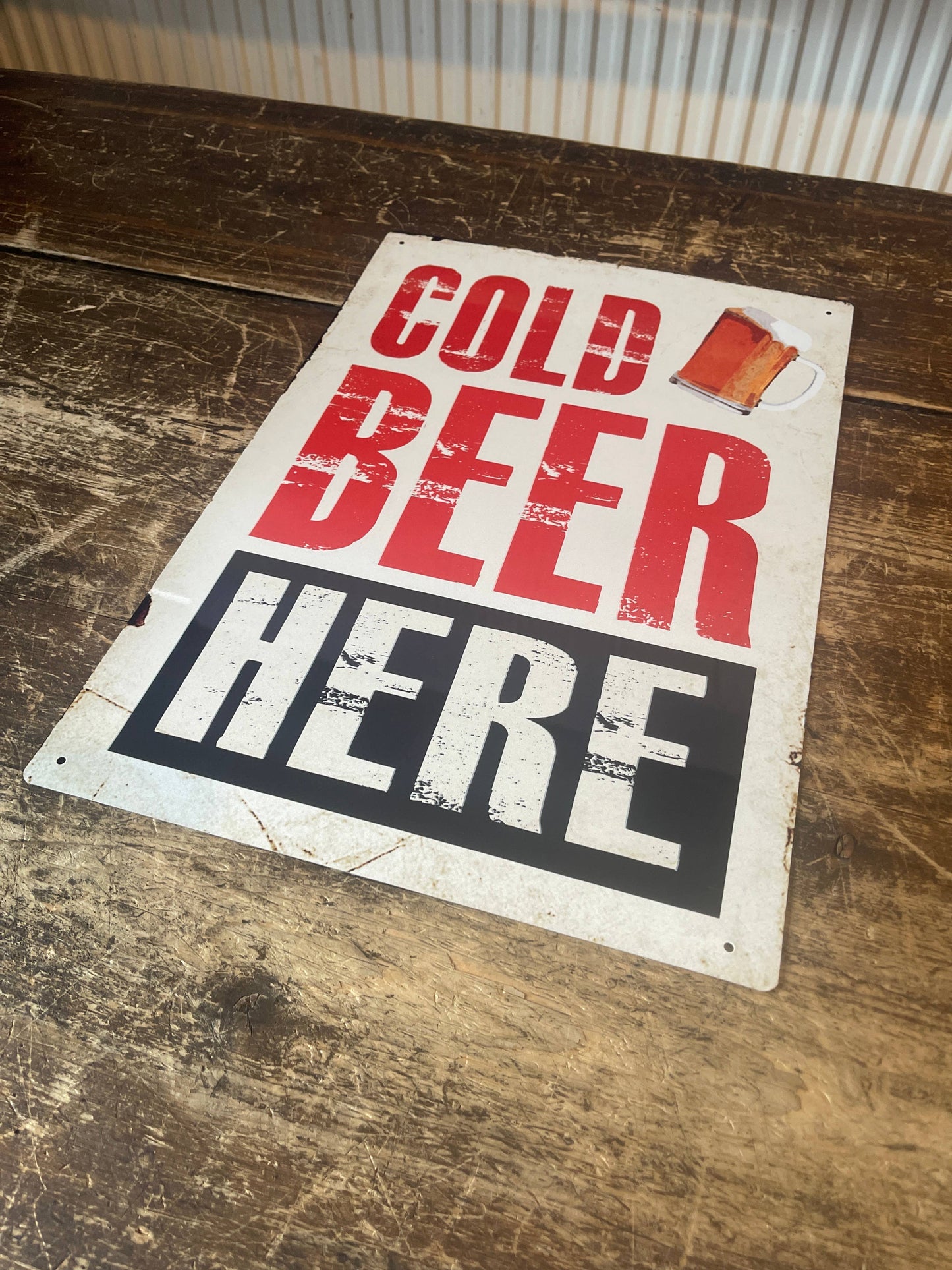 A Cold Beer Here Metal Sign available to buy from Fig and Rose Home.