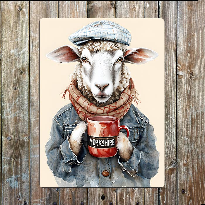 A Sheep In Vintage Clothing Drinking Tea Metal Sign available to buy from Fig and Rose Home.
