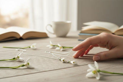 A Snowdrop Pendant Necklace available to buy from Fig and Rose Home.