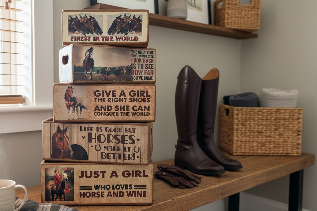 Horse-Themed Nesting Storage Boxes – Set of 5 Rustic Equestrian Boxes