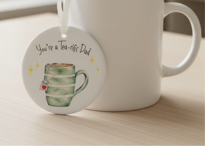 A Personalised Tea-rific Ceramic Decoration available to buy from Fig and Rose Home.