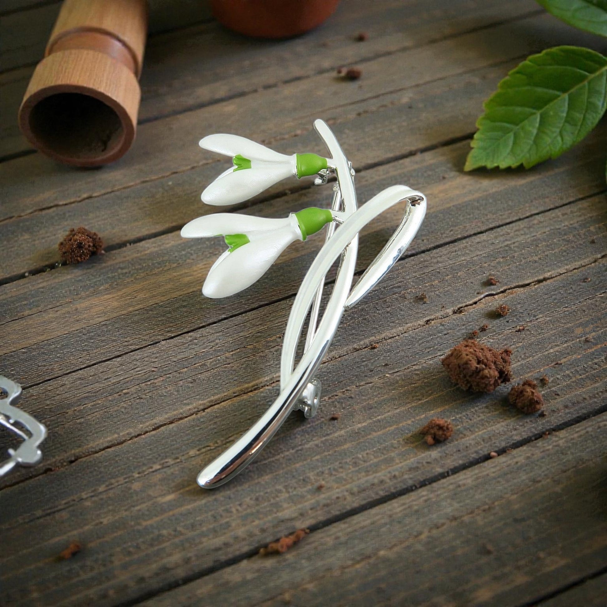 A Snowdrop Brooch available to buy from Fig and Rose Home.