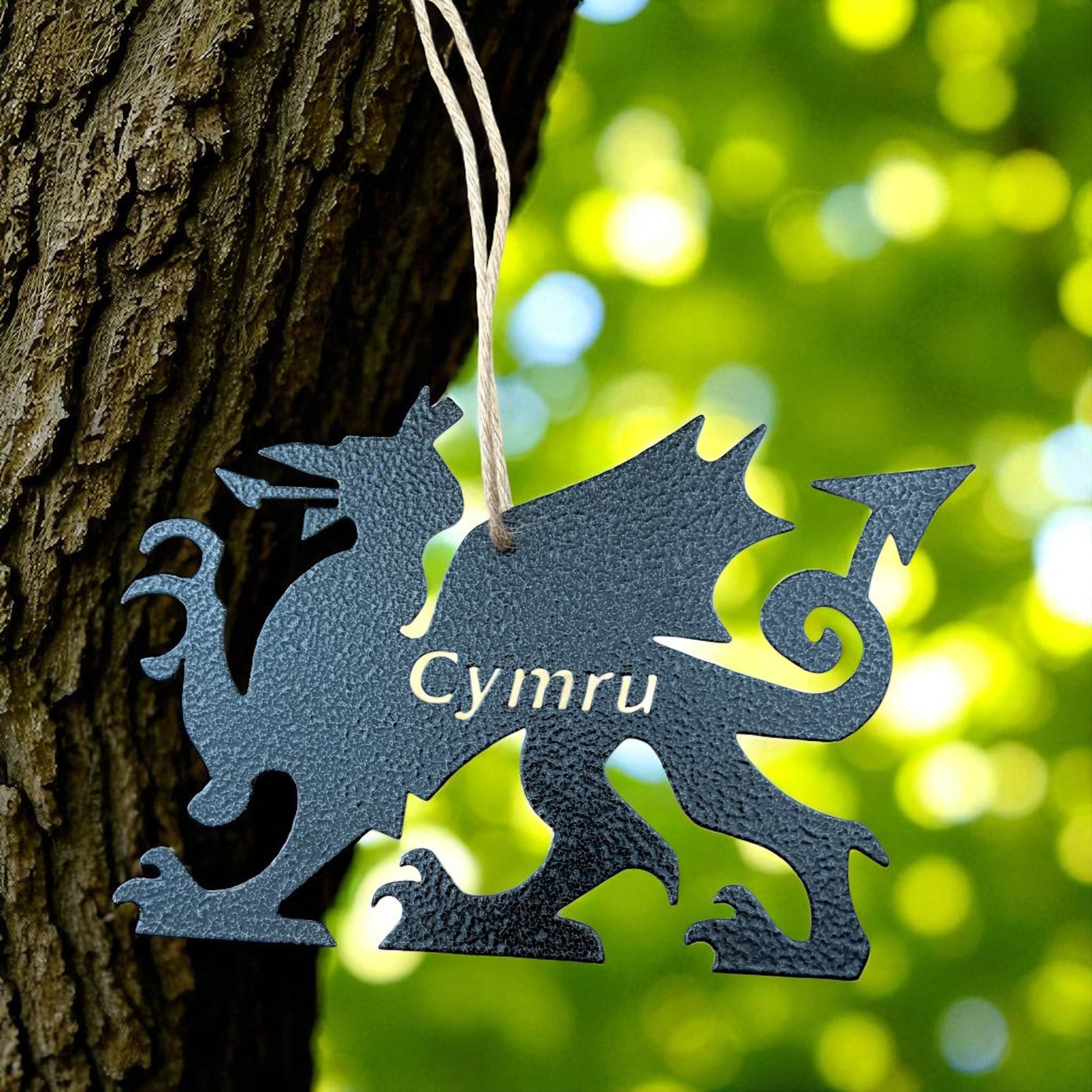 A Cymru Welsh Dragon Metal Hanging Decoration | Red, Black or Rustic Steel from Fig and Rose.