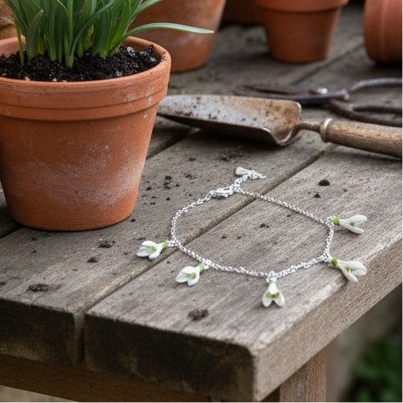 A Snowdrop Charm Bracelet available to buy from Fig and Rose Home.
