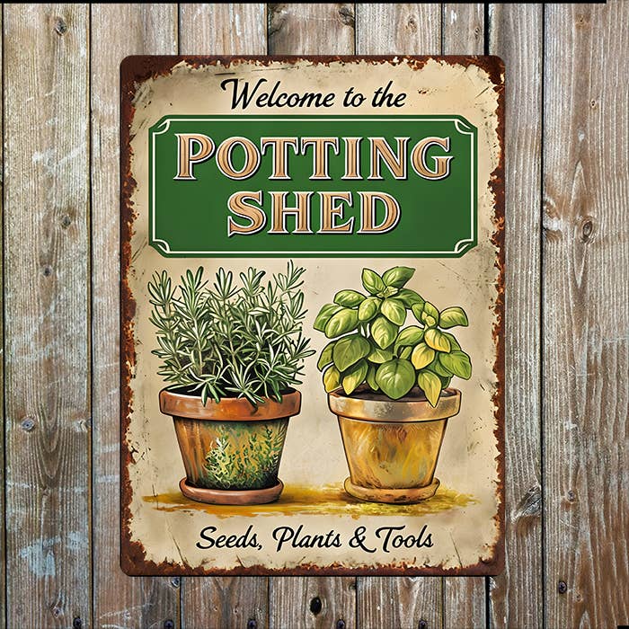 A Welcome To Potting Shed Metal Sign available to buy from Fig and Rose Home.