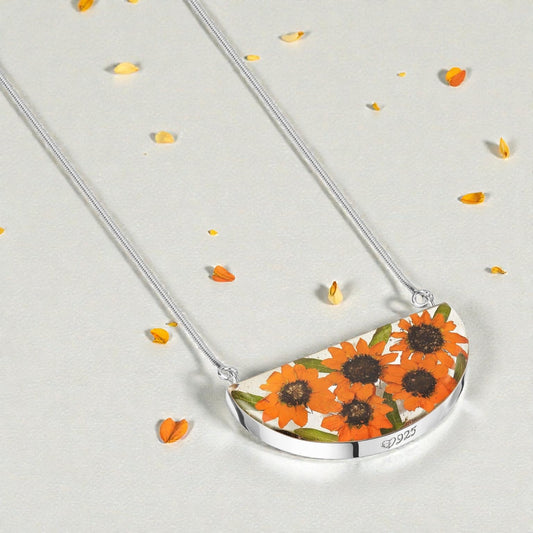 A Sunflower Half Moon Silver Necklace available to buy from Fig and Rose Home.
