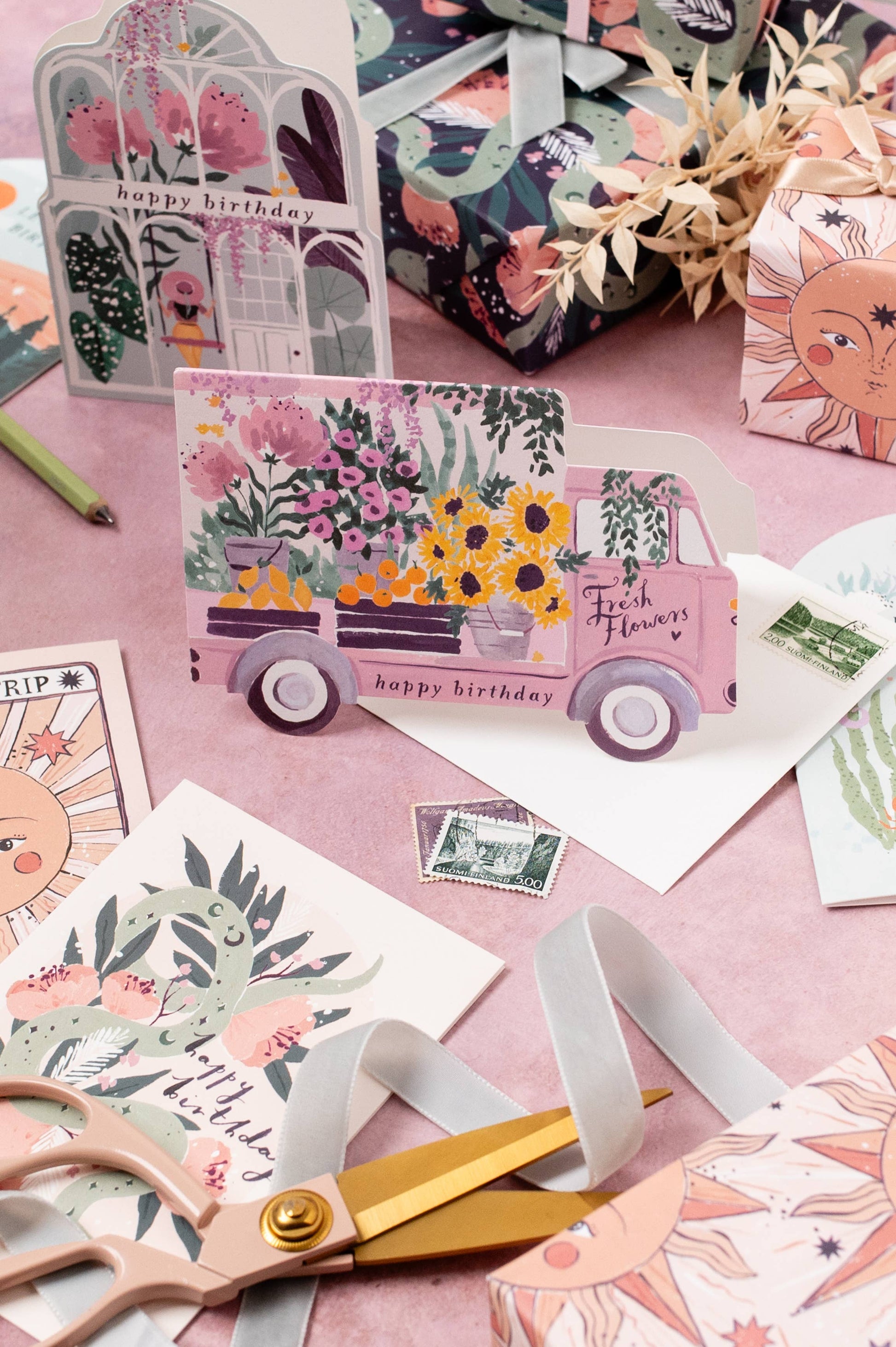 A Flower Truck Birthday Card available to buy from Fig and Rose Home.