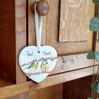 A Blue Tits Valentine's Day Heart Decoration available to buy from Fig and Rose Home.