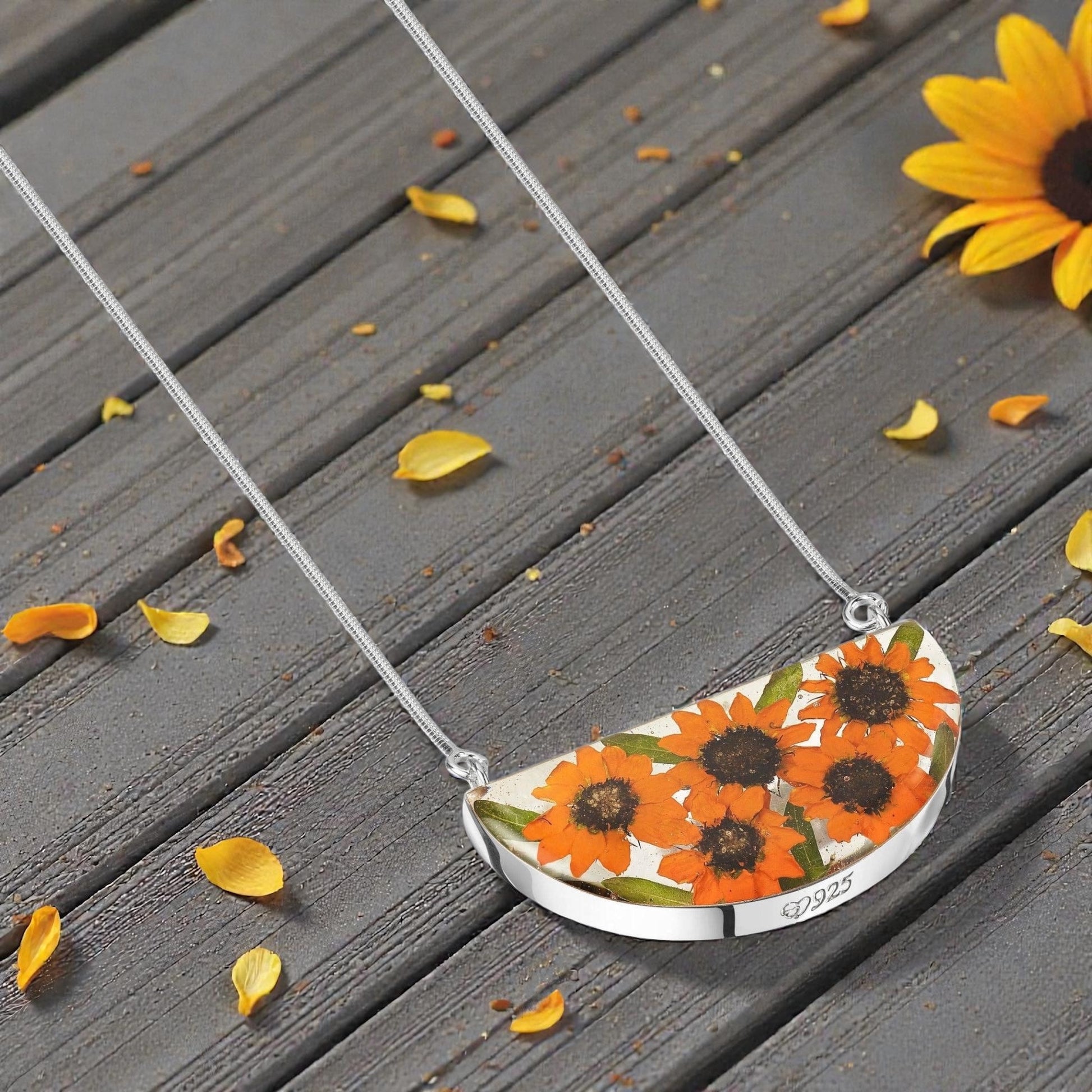 A Sunflower Half Moon Silver Necklace available to buy from Fig and Rose Home.