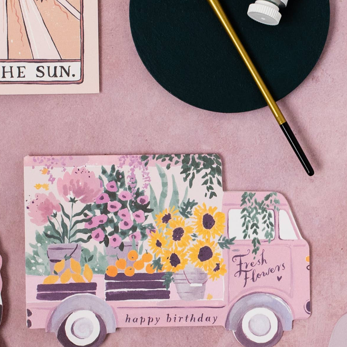 A Flower Truck Birthday Card available to buy from Fig and Rose Home.