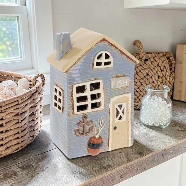 Ceramic House Tealight Holder - Pale Blue Beach House from Fig and Rose.