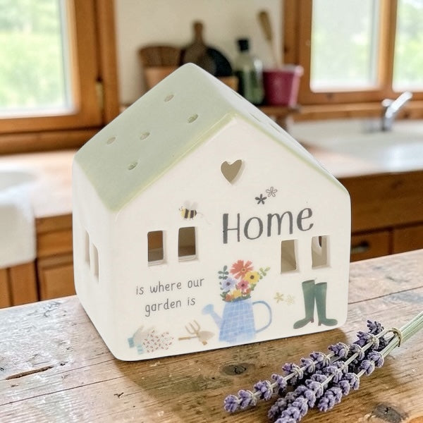 Ceramic House Tealight Holder - Home Is Where Our Garden Is from Fig and Rose.