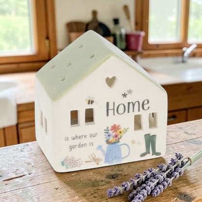 Ceramic House Tealight Holder - Home Is Where Our Garden Is from Fig and Rose.