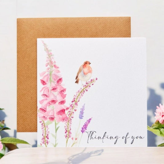 Thinking of You Card with Foxglove and Robin from Fig and Rose