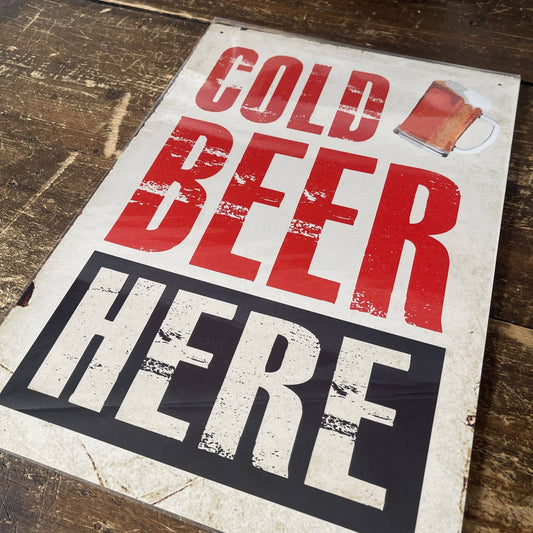 A Cold Beer Here Metal Sign available to buy from Fig and Rose Home.