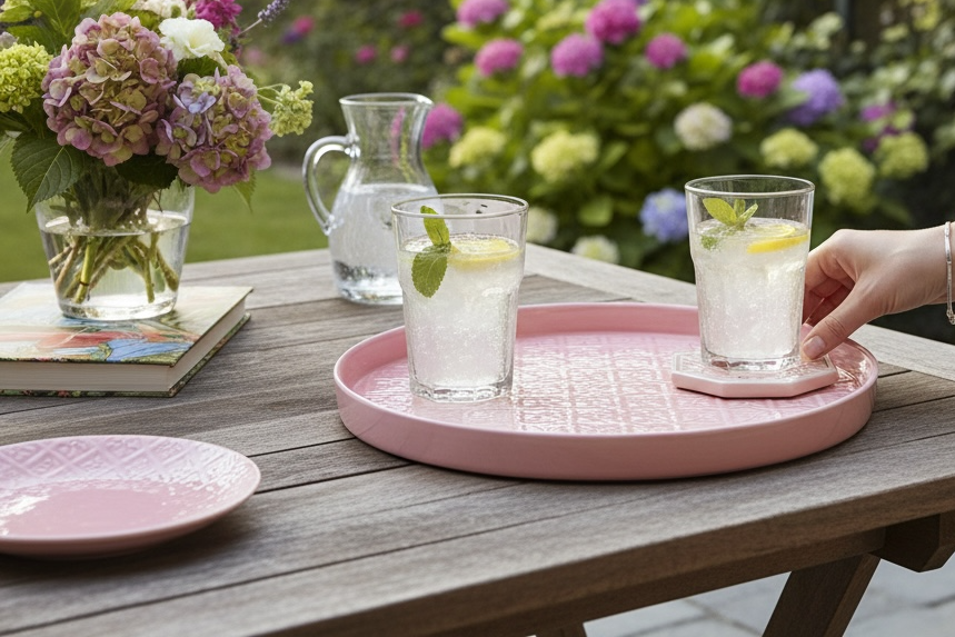 A Blush Pink Embossed Serving Tray from Fig and Rose.