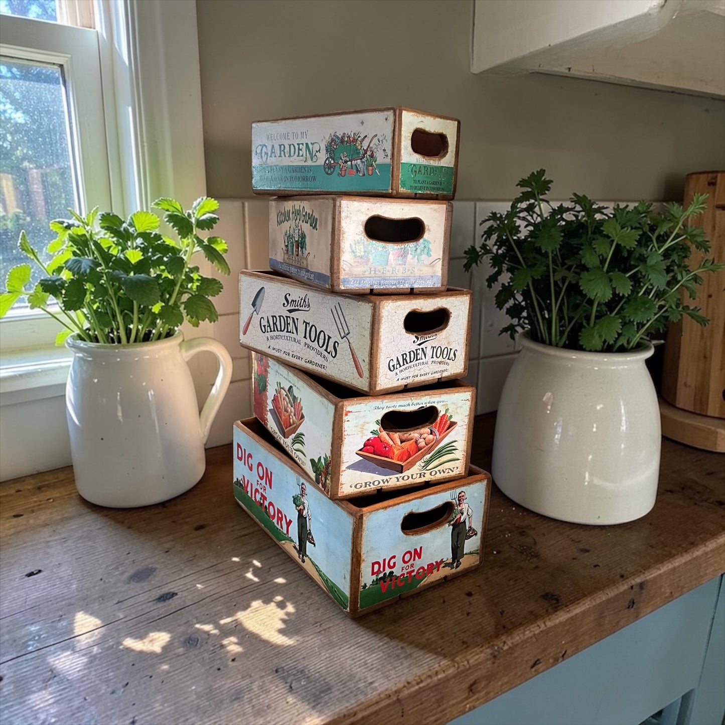 Set of 5 Wooden Garden Themed  Storage Crates