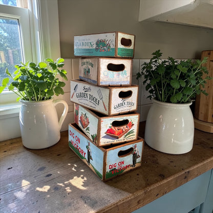 Set of 5 Wooden Garden Themed  Storage Crates