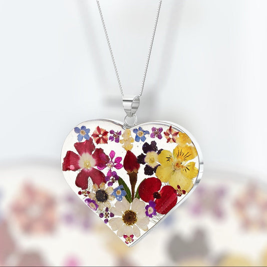A Resin Flower Heart Necklace available to buy from Fig and Rose Home.