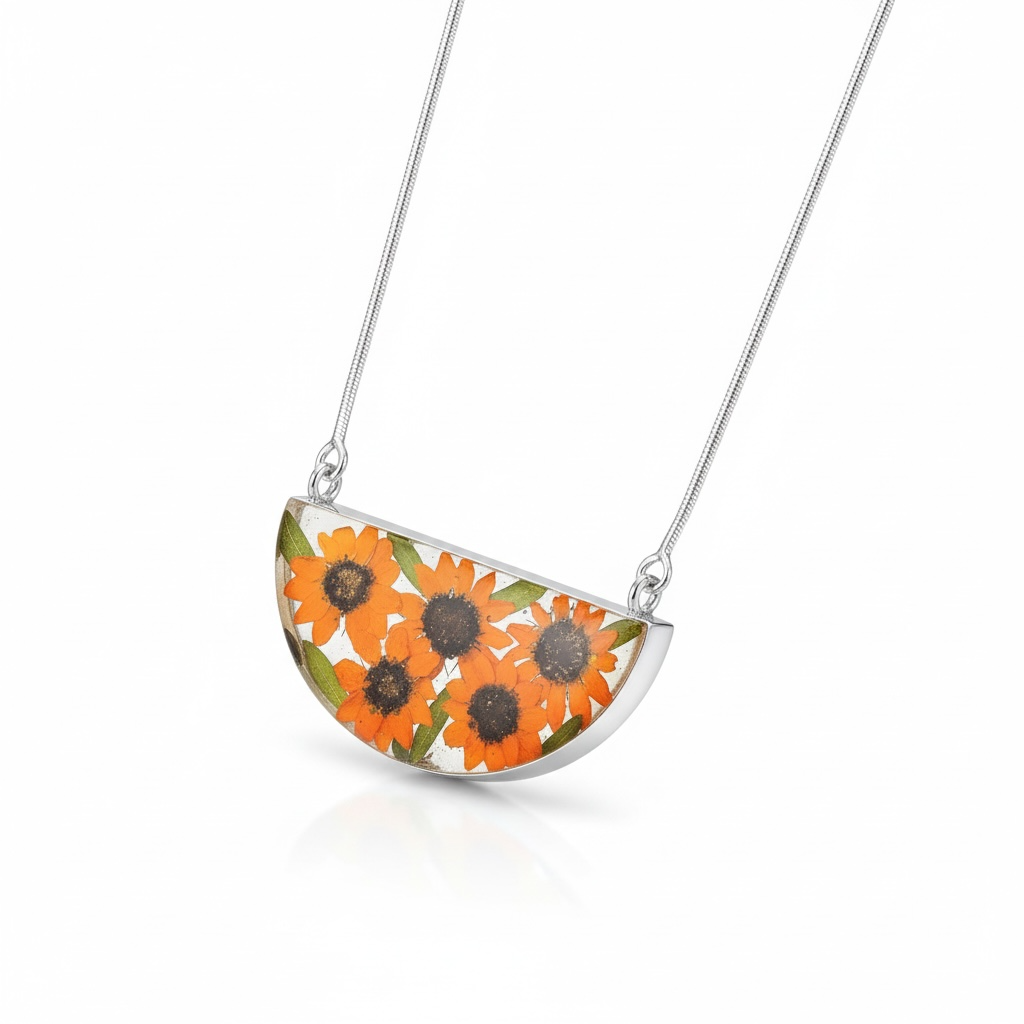 A Sunflower Half Moon Silver Necklace available to buy from Fig and Rose Home.