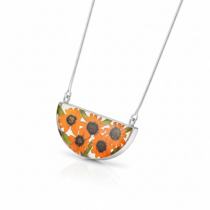 A Sunflower Half Moon Silver Necklace available to buy from Fig and Rose Home.
