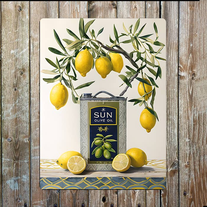 A Lemons And Olive Oil Can Metal Sign available to buy from Fig and Rose Home.