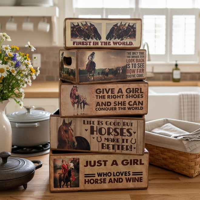 Horse-Themed Nesting Storage Boxes – Set of 5 Rustic Equestrian Boxes