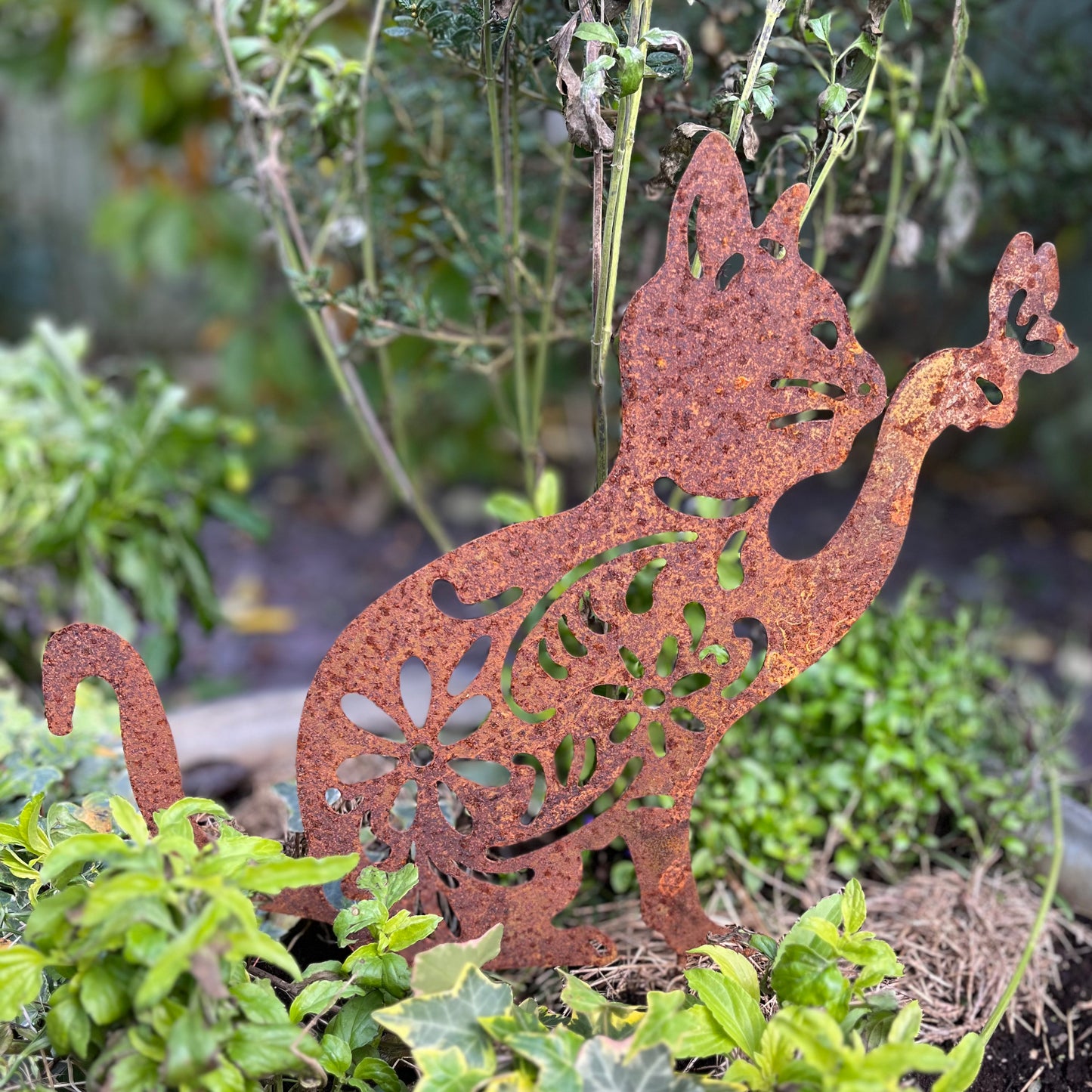 Cat with Butterfly | Rusty Garden Stake | Garden Decor