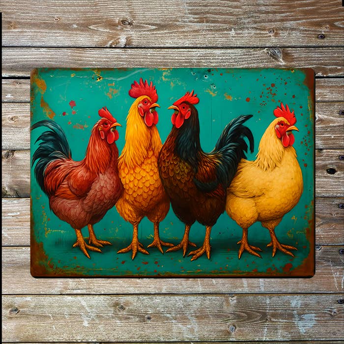 A Four Colourful Roosters Metal Sign available to buy from Fig and Rose Home.
