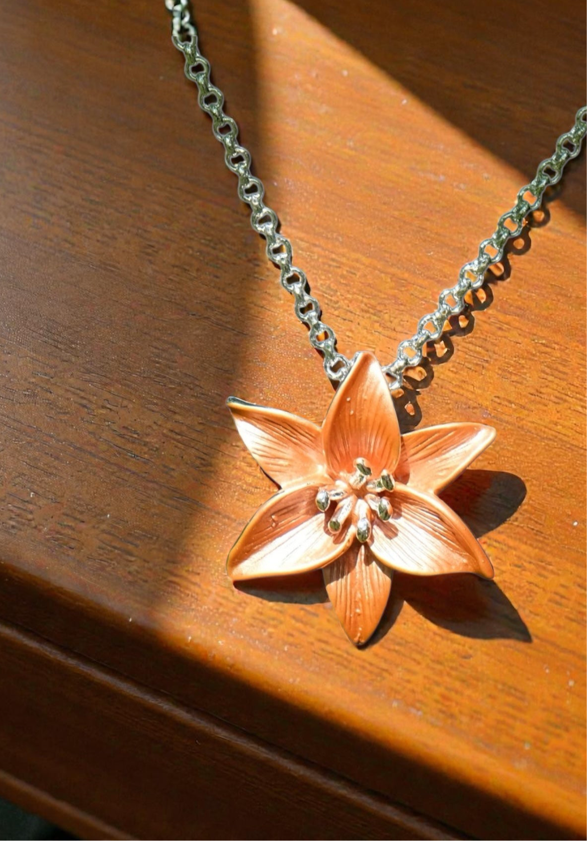 A Tiger Lily Necklace available to buy from Fig and Rose Home.