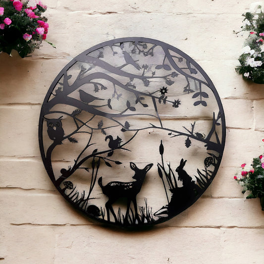 Countryside Plaque with Fawn and Small Animals | Metal Garden Wall Plaque | Gift for a Gardener | Black |