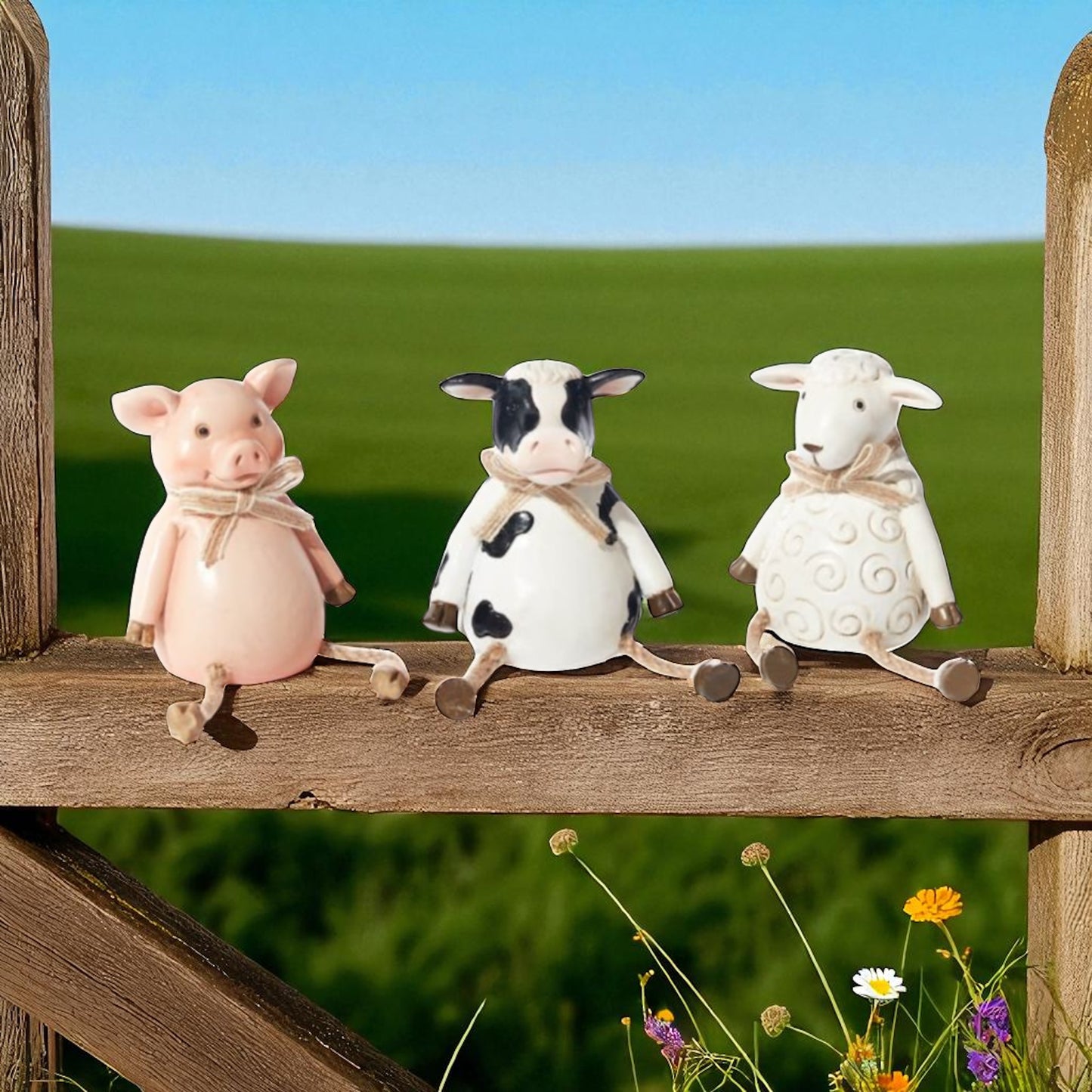 Pig, cow and sheep farm animal shelf sitter ornaments in neutral country style, sitting on a wooden windowsill with dangling legs