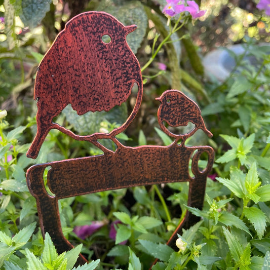 Robin & Chick on a Spade Garden Stake