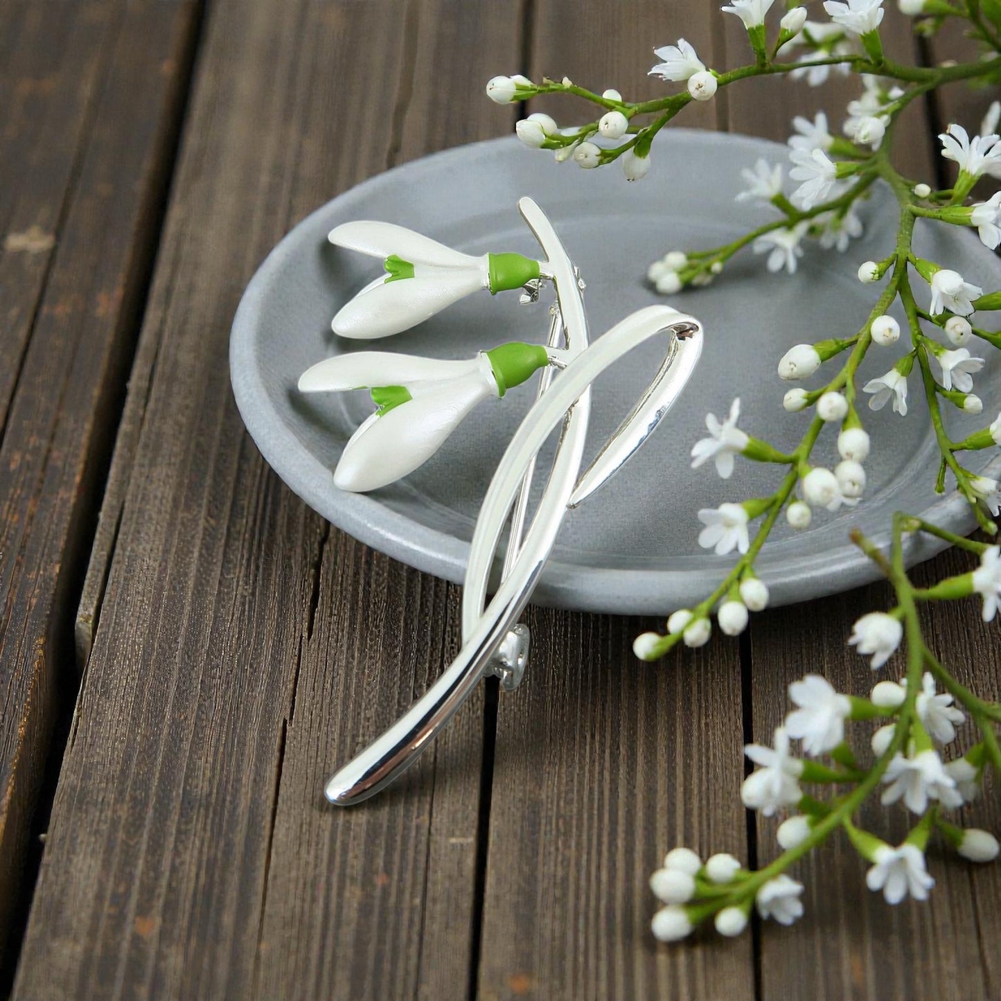 A Snowdrop Brooch available to buy from Fig and Rose Home.