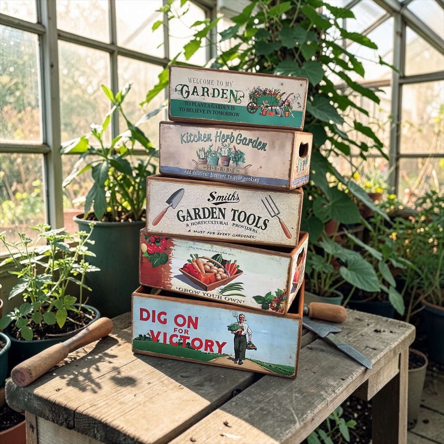 Set of 5 Wooden Garden Themed  Storage Crates