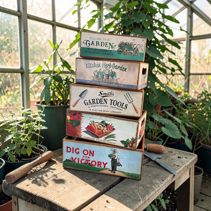 Set of 5 Wooden Garden Themed  Storage Crates