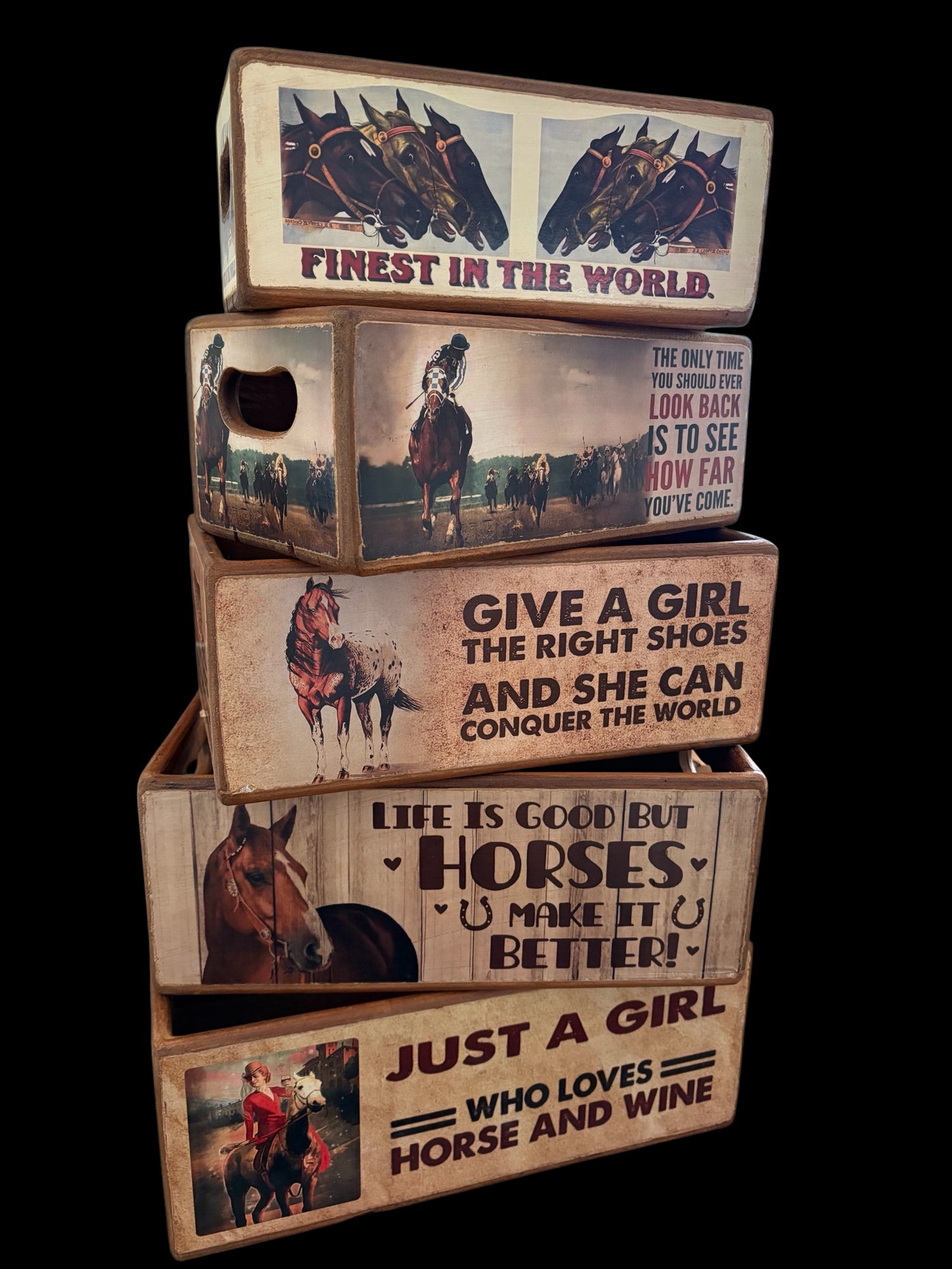 Horse-Themed Nesting Storage Boxes – Set of 5 Rustic Equestrian Boxes