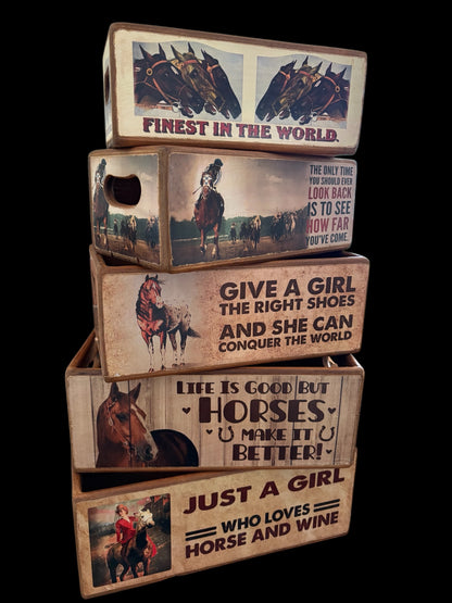 Horse-Themed Nesting Storage Boxes – Set of 5 Rustic Equestrian Boxes