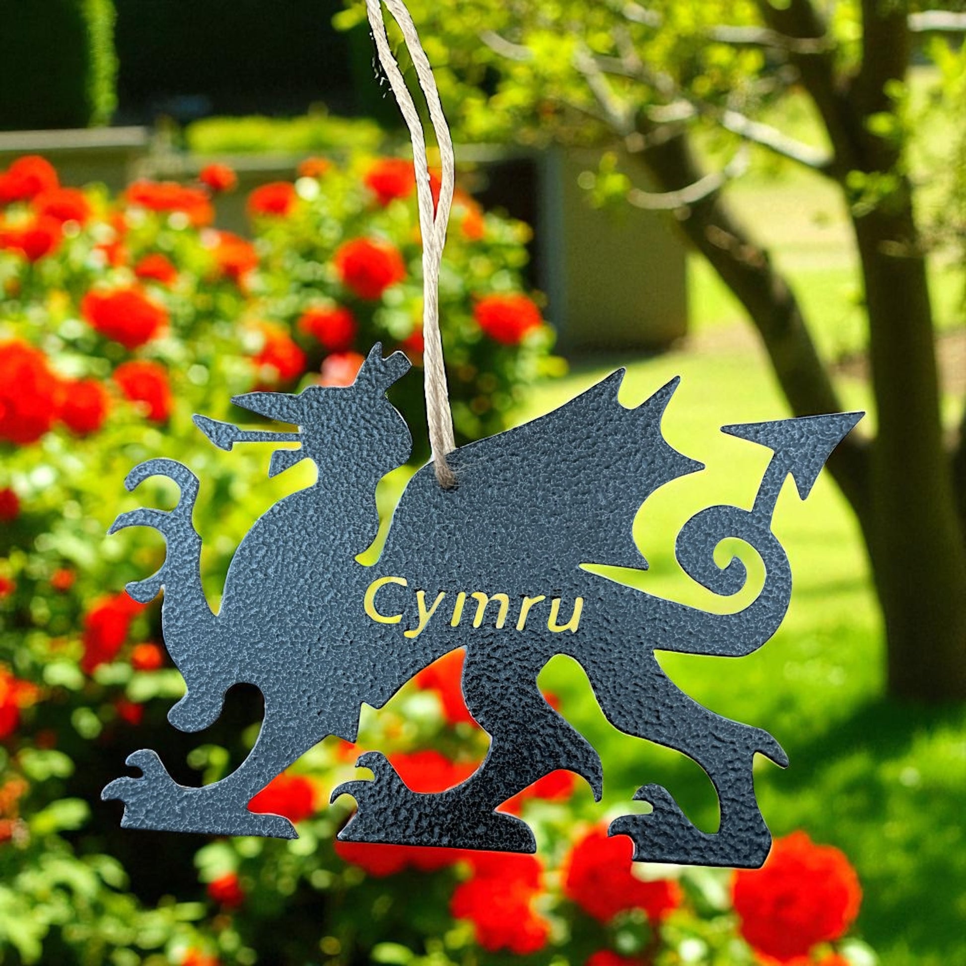 A Cymru Welsh Dragon Metal Hanging Decoration | Red, Black or Rustic Steel from Fig and Rose.