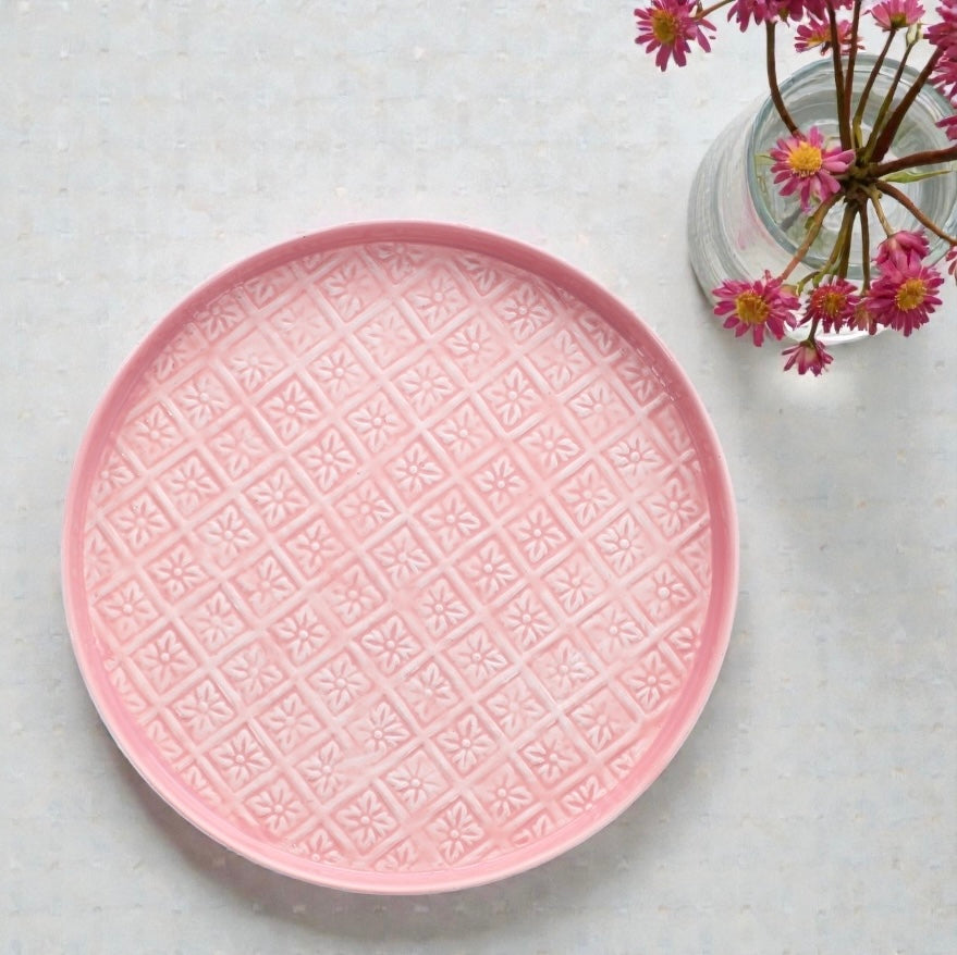 A Blush Pink Embossed Serving Tray from Fig and Rose.