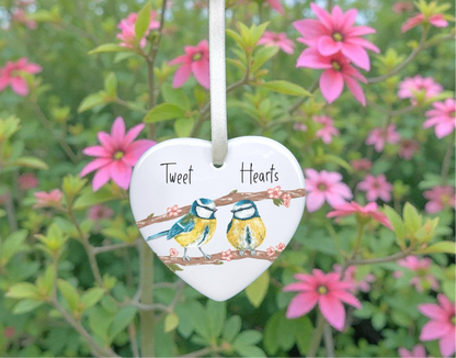 A Blue Tits Valentine's Day Heart Decoration available to buy from Fig and Rose Home.