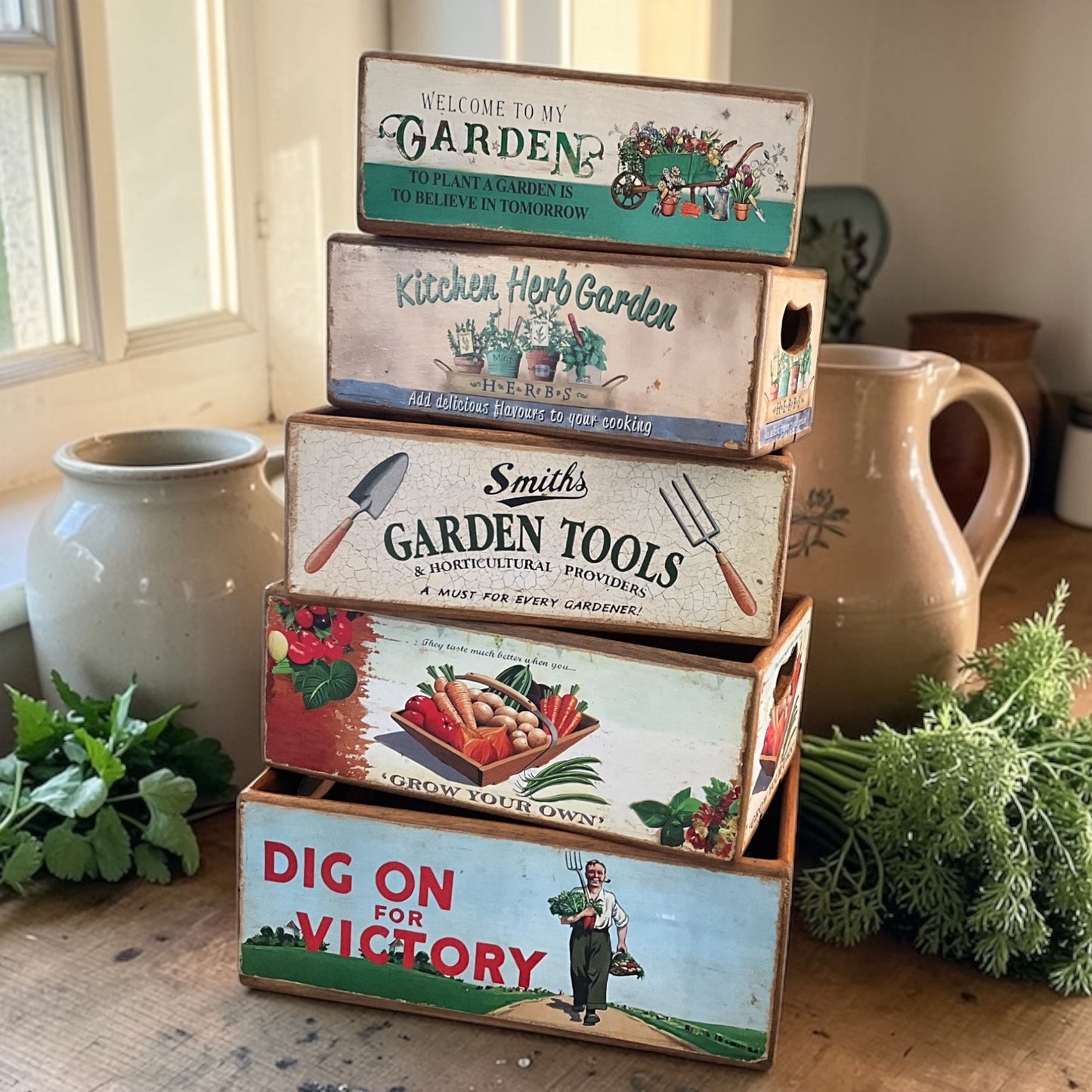 Set of 5 Wooden Garden Themed  Storage Crates