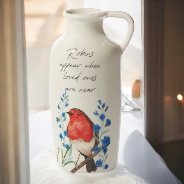 White Ceramic Vase with Robins from Fig and Rose