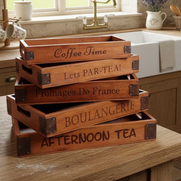 Rustic Wooden Café Serving Tray Set