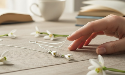 A Snowdrop Pendant Necklace available to buy from Fig and Rose Home.