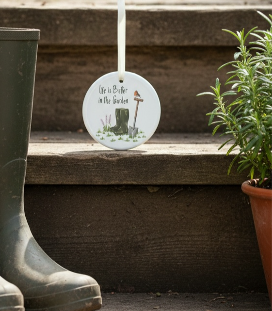 A Gardening Ceramic Hanging Decoration available to buy from Fig and Rose Home.