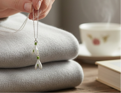 A Snowdrop Pendant Necklace available to buy from Fig and Rose Home.